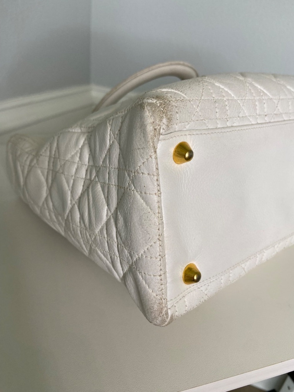 Authentic Dior White Lambskin Lady Dior Handbag Quilted Cannage Gold Hardware - Picture 7 of 16